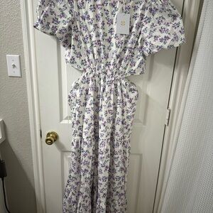 Wayf White Floral Maxi Dress with Purple Blossoms
